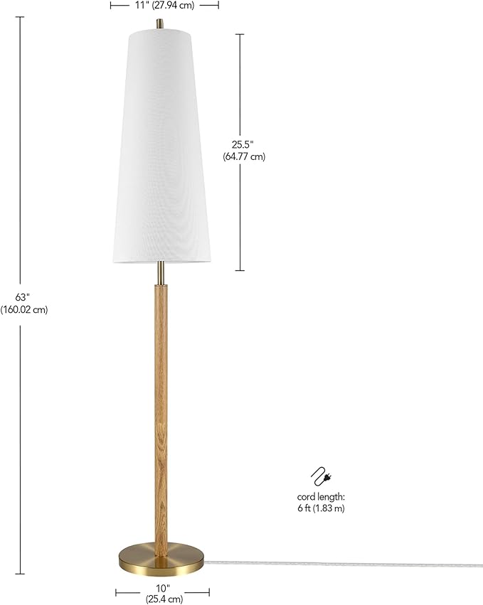 Globe Electric 61000173 63" Floor Lamp, Matte Brass, Wood Toned Accent, Long White Fabric Shade, in-Line On/Off Foot Switch, 6.7-Foot Clear Cord, 1-Light, 60W E26/Medium Base Bulb