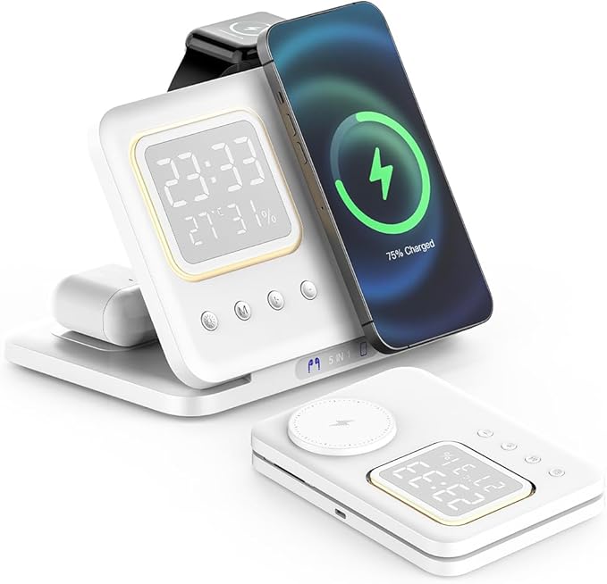 IHAO 5in1 Multi Functional Wireless Charger with Digital Clock 18W Fast Charge Night Light Temperature Display Magnetic Attraction Compliant for iPhone, Apple Watch and Qi Headphone-DH13 White