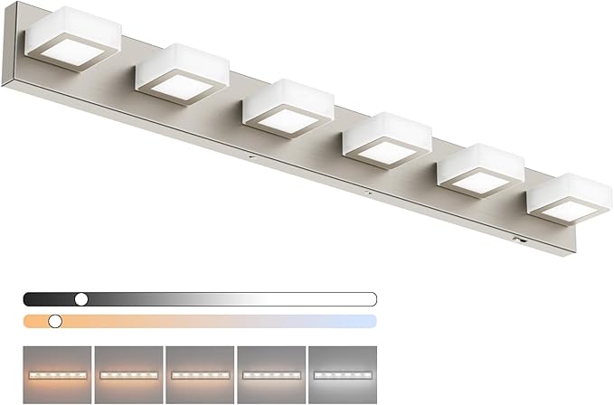 Ralbay 6 Lights Brushed Nickel Bathroom Lights Fixtures Dimmable 5 Color Temperature Acrylic Modern Brushed Nickel Vanity Lights for Bathroom Brushed Nickel-5 CCT 40.4 inch