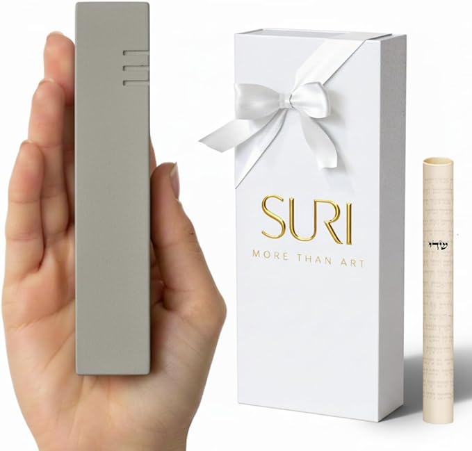SURI Mezuzah for Door with Scroll Inside – 6 Inch Gray Concrete Judaica Mezzuzah Case with Non-Kosher Scroll, Self-Stick Adhesive, Gift Box Included, Fits a 5 Inch Scroll
