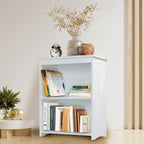 Natural Wood Bookshelf, 3 Tier Bookcase, Freestanding Display Storage Shelves Open Bookshelf for Bedroom, Living Room and Office (White, Table with Back)