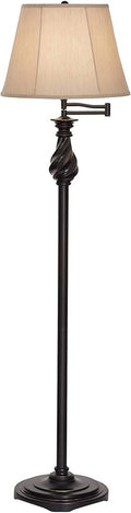 Regency Hill Traditional Adjustable Swing Arm Floor Lamp 58" Tall Painted Restoration Black Bronze Swirl Font Faux Silk Beige Drum Shade for Living Room Reading House Bedroom Family Home