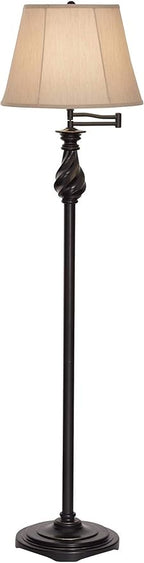 Regency Hill Traditional Adjustable Swing Arm Floor Lamp 58" Tall Painted Restoration Black Bronze Swirl Font Faux Silk Beige Drum Shade for Living Room Reading House Bedroom Family Home