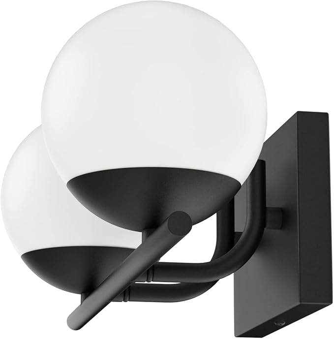 Ralbay Black Mid Century Modern 2-Light Bathroom Vanity Light Fixtures with Matte Black Milky Glass Globe