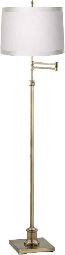 360 Lighting Westbury Swing Arm Floor Lamp Adjustable Height Standing 70" Tall Antique Brass Off White Ribbon Trimmed Fabric Drum Shade Decor for Living Room Reading House Bedroom Home