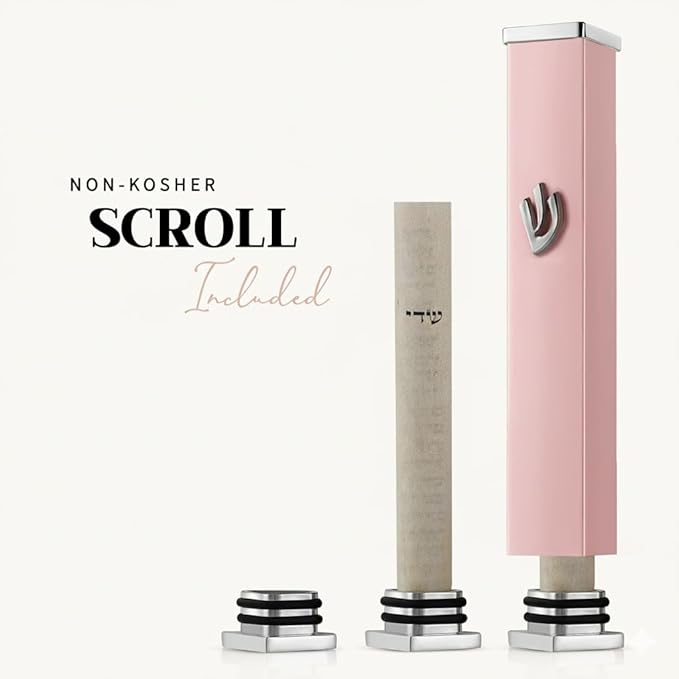 SURI Mezuzah for Door – 3.8 Inch Pink Aluminum Mezuza Holder with Printed Scroll, Contemporary Shin Design, Fits a 3 Inch Scroll, Self-Stick Adhesive, Gift Box Included