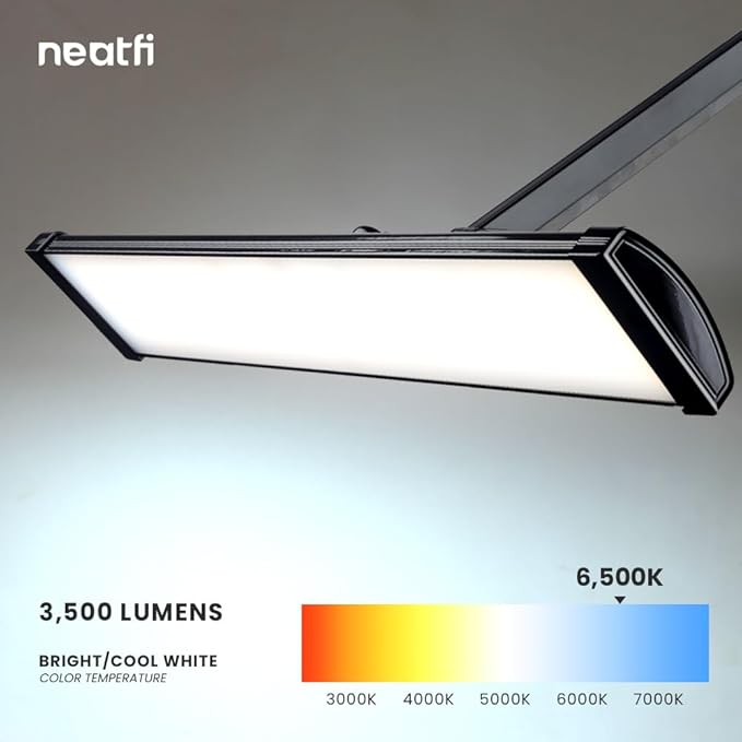 Neatfi Ultra Desk Lamp – 3,500 Lumens, 45W LED, 26-Inch Wide Shade, 5 Brightness Levels, Clamp Mount, Shadow-Free, Non-Flickering Light (Non-CCT with Clamp, Black)