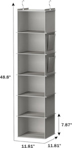 YOUDENOVA Hanging Closet Organizer and Storage, 6-Shelf Closet Hanging Shelves | Sturdy Bamboo Structure Cloth Hanging Storage, Sweater Organizer, 11.8” x 11.8” x 47.2”, Light Grey