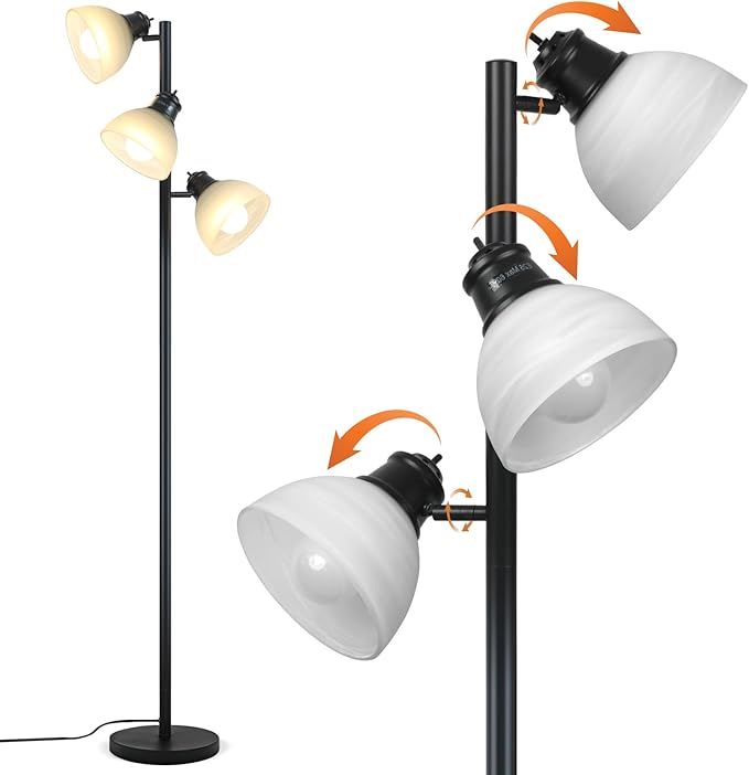 63" Modern 3-Head Adjustable Floor Lamp, Standing Lamp with Glass Shades for Living Room, Bedroom & Office,3x9W E26 LED Bulbs Included, Weighted Base