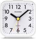 Peakeep Small Battery Operated Analog Travel Alarm Clock Silent No Ticking, Lighted on Demand and Snooze, Beep Sounds, Gentle Wake, Ascending Alarm, Easy Set (White)