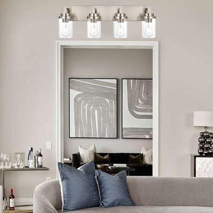 MELUCEE 4 Lights Vanity Light Brushed Nickel Modern Bathroom Lighting Fixtures Over Mirror with Clear Glass Shade, Industrial Wall Lights for Mirror Cabinet Kitchen
