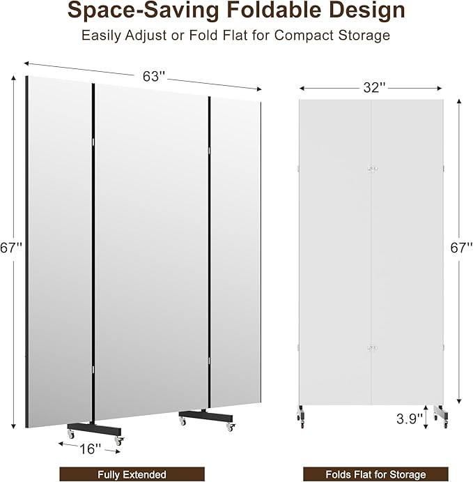 Full Length Stand Up Mirror on Wheels,63''×67'',Large Tri-Fold Floor Mirror with Stand,Movable 3-Way Full Length Standing Mirror for Gym, Dance Studio, Fitness Room, and Home (Black)