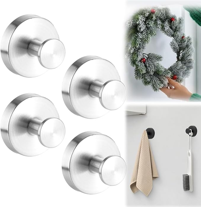 2026 Upgraded Suction Cup Hooks for Door Wreaths, Removable No Drill Wreath Hangers for Front Door, Reusable Hooks Holder for Glass Window Towel Shower Bathroom Kitchen (4, Silver)
