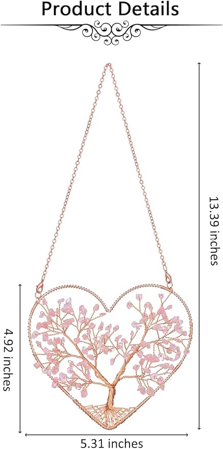 Jovivi Rose Quartz Heart Crystal Tree Hanging Ornament Healing Crystals Stones Gemstone Room Bedroom Wall Home Yoga Decor for Feng Shui Meditation Christmas Tree Ornament