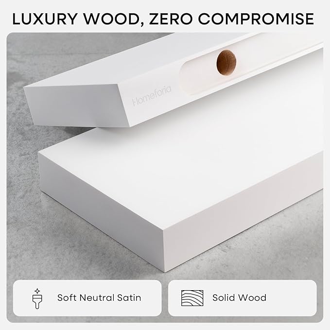 Homeforia White Floating Shelves 30 inch, High End Solid Real Wood 30inch Floating Shelf for Wall Mounted, White Wooden 30in Long Floating Shelves, Heavy Duty Bracket, 30 X 6.5 X 1.75 inches, Set of 4