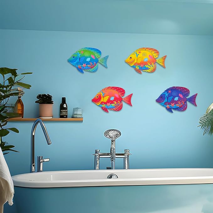 Oraytteo Metal Fish Wall Decor, Set of 4 Sea Fish Wall Art Decorations for Barthroom Fence Pool Patio Decor, Indoor or Outdoor Decorations, Gifts for Mom Dad Friends