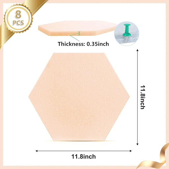8 Packs Champagne Hexagon Felt Pin Board, 12" Bulletin Board with 30 Push Pins, Felt Board for Home Kitchen Office Decor, Self-Adhesive Corkboard Tiles for Walls School Message Photos Memos
