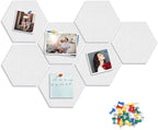 8 Packs White Hexagon Felt Pin Board, 12" Bulletin Board with 30 Push Pins, Felt Board for Home Kitchen Office Decor, Self-Adhesive Corkboard Tiles for Walls School Message Photos Memos