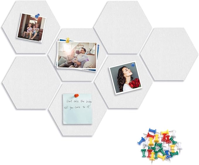 8 Packs White Hexagon Felt Pin Board, 12" Bulletin Board with 30 Push Pins, Felt Board for Home Kitchen Office Decor, Self-Adhesive Corkboard Tiles for Walls School Message Photos Memos