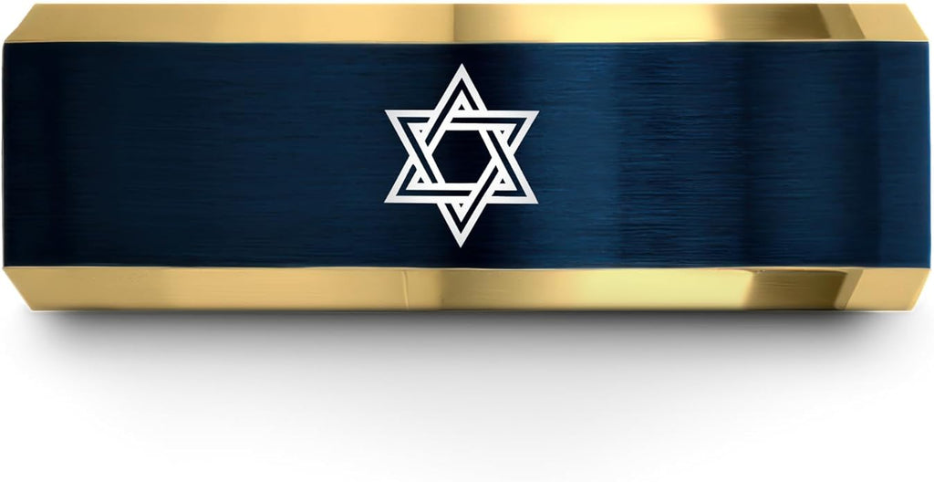 Mezuzah star Of David Ring - Gift for Jewish Family - Flat Dome Bevel - 8mm - Men Women - Yellow Gold Black Silver Blue - Anniversary Wedding - Personalized Custom Engraving - Band - Brushed Polished