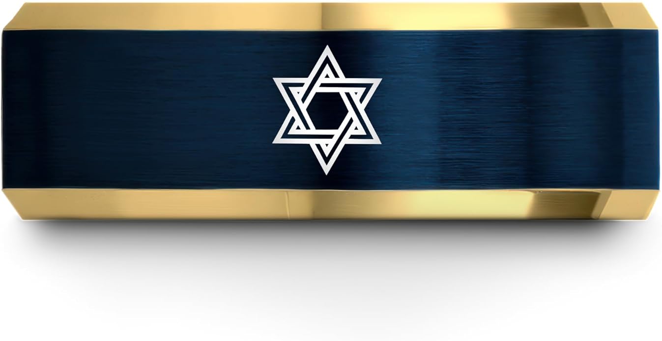 Mezuzah star Of David Ring - Gift for Jewish Family - Flat Dome Bevel - 8mm - Men Women - Yellow Gold Black Silver Blue - Anniversary Wedding - Personalized Custom Engraving - Band - Brushed Polished