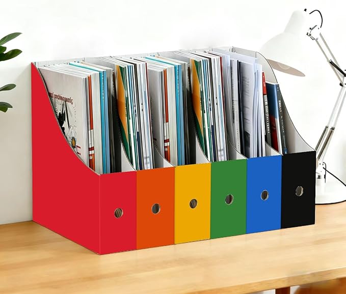 Limitliho Magazine File Folder Holder for Desk, Book Bins for Classroom Library,Office,Home, 10.6" H x 10.2" L x 3.5" W in Cardboard Paper Organizer (Six color, 6 Pack)