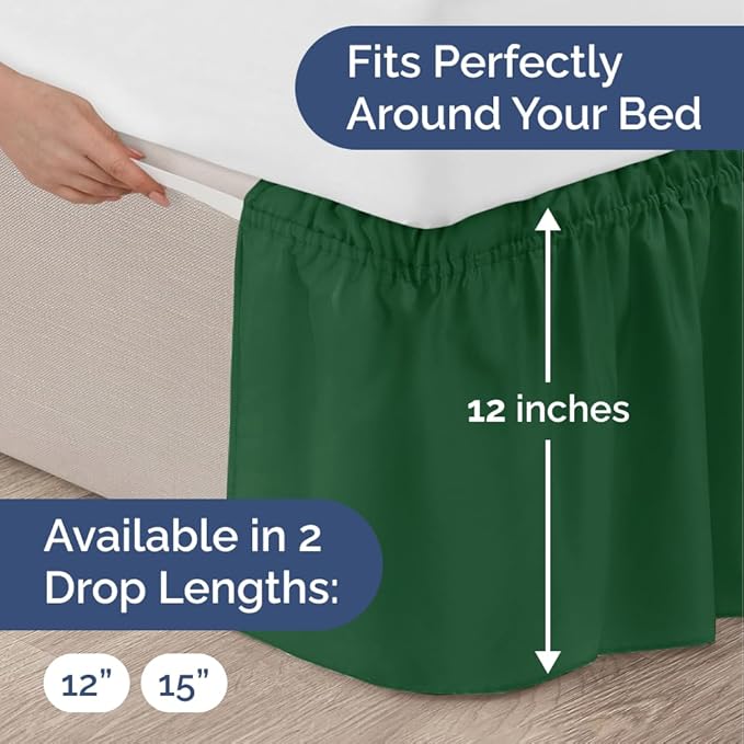Wrap Around Dust Ruffle Bed Skirt - Emerald - Twin/Twin XL Size Beds w/ 12 Inch Drop - Easy Fit Elastic Strap - Adjustable Pleated Bedskirt w/Brushed Fabric - Wrinkle Free - Women, Men, Kids & Teens