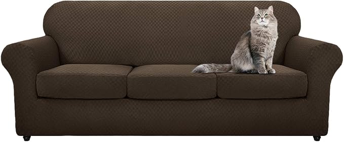 YEMYHOM Latest Checkered 4 Pieces Couch Covers for 3 Cushion Couch Extra Large High Stretch Thickened Sofa Cover for Dogs Pets Furniture Protector Sofa Slipcovers (Dark Coffee), 91"-110"(3 Cushions)