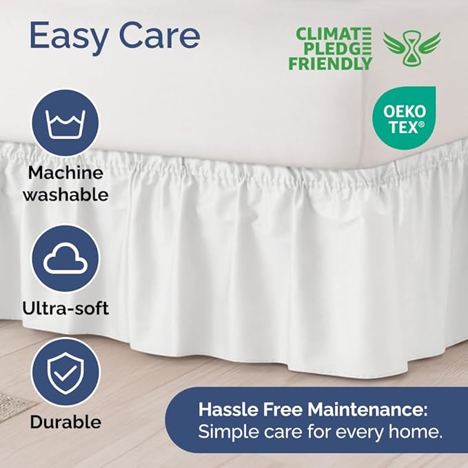 Wrap Around Dust Ruffle Bed Skirt - White - for Full Size Beds with 15 Inch Drop - Easy Fit Elastic Strap - Adjustable Pleated Bedskirt w/Brushed Fabric - Wrinkle Free - for Women, Men, Kids & Teens