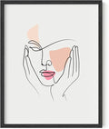 Aesthetic Face Wall Art Hands on Cheeks Continuous Line Drawing Abstract Pink Shapes 11x14 Inch Oak Wood Black Framed Modern Portrait for Bedroom Vanity