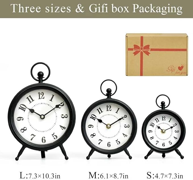 EMAX HOME Small Black Desk and Shelf Clock, 4.7*7.3 Inch Retro Elegant Tabletop Clock with Glass Cover, Silent Non-Ticking Battery Operated Decorative Clock for Living Room, Office, Bedroom, Gift Idea