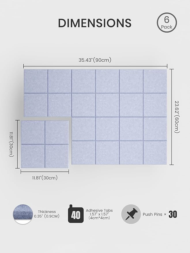 Bumusty Large Felt Bulletin Board, 36" x 24" Cork Board Alternative, 6-Pack Wall Tiles with 4-Compartment Design, 30 Push Pins, 40 Adhesive Tabs, Ideal for Office & Home Decor, Soft Periwinkle