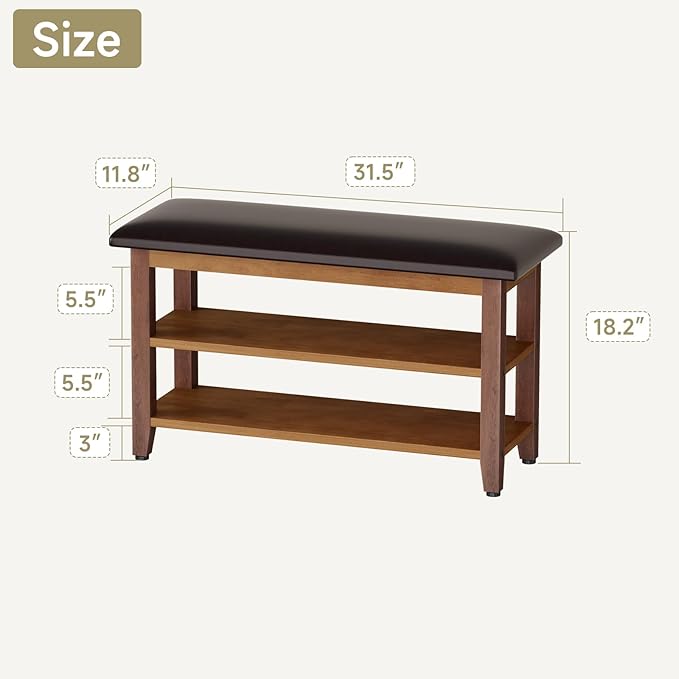 Shoe Bench with Leather Cushion,Wood Bench with Shoe Rack,2-Tier Shoe Storage Organizer for Entryway,Hallway,Living Room (Brown, 2-Tier-31.5")