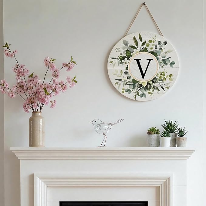 Smile Monogram Letter V Wreaths Wooden Welcome Sign, Family Last Name Initial Front Door Wall Decoration, Floral Spring Summer Porch Rustic Home Kitchen Decor