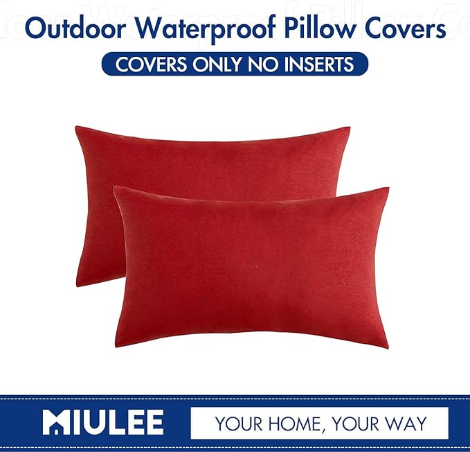 MIULEE Pack of 2 Decorative Outdoor Solid Waterproof Throw Pillow Covers Christmas Faux Linen Garden Farmhouse Cushion Cases for Summer Patio Tent Balcony Couch Sofa 20x12 Inch Red