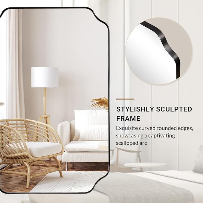 ANDY STAR Matte Black Mirror 26x38 Inch, Scalloped Wall Mirror, Unique Rectangular Bathroom Mirror in Premium Stainless Steel Metal Frame 1’’ Deep, Hangs Vertically/Horizontally