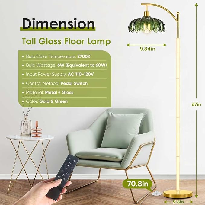 Gold Floor Lamp for Living Room with Remote Control,Unique Vintage Standing Tall Lamp,Mid Century Modern Floor Lamps Arc Green Glass Floor Lamps for Office Corner
