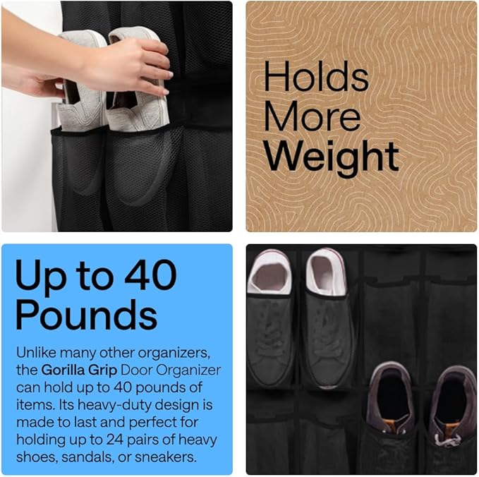 GORILLA GRIP Over the Door Shoe Organizer, 24 Extra Large Breathable Mesh Pockets, Space Saving Hanging Storage Holder, 4 Hook Closet Rack Hanger, Hangs on Closets for Shoes and Accessories, Black