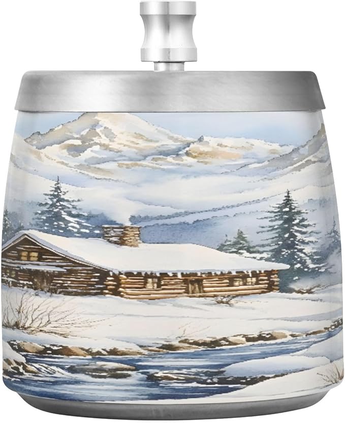 Winter Cabin Snow Scene Ashtray with Lid, Outdoor Ashtrays for Patio, Stainless Steel Ashtray Odorless Smokeless for Home Office Balcony