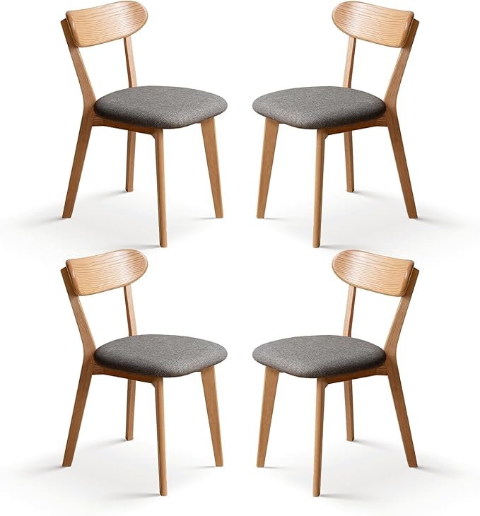 100% Solid Oak Dining Chairs, Mid Century Modern Dining Chair with Curved Backrest, Fabric Upholstered Dining Chairs for Kitchen, Study, Living Room (4, Original Wood-Dark Gray Cushion)