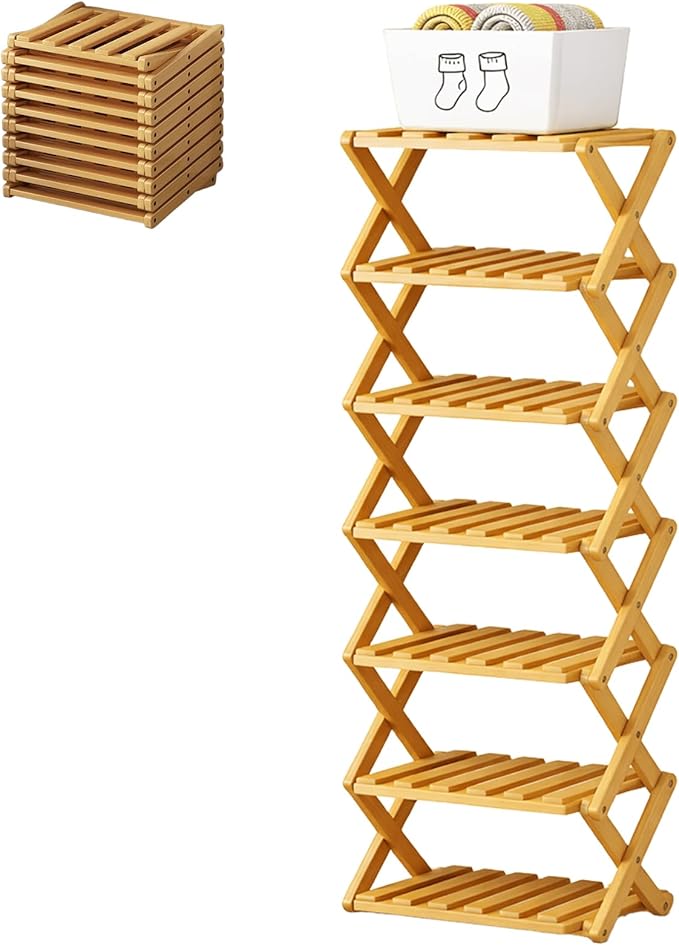 Upgraded The 9-Tier No-Assembly Bamboo Shoe Rack (3–9 Tier), Folding Bamboo Shoe Storage Rack with Zero Assembly Required and Space-Saving Design for Entryway Closet Apartment (Nature, 7 Tier)