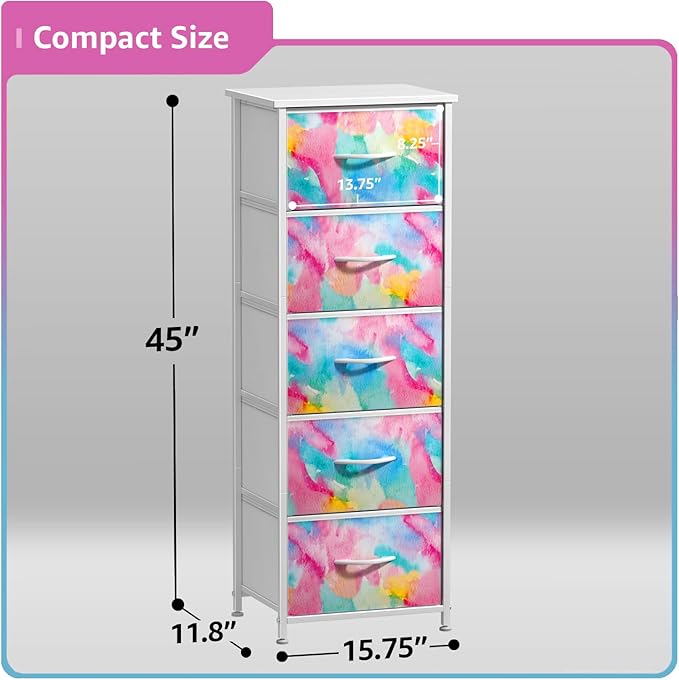 Sorbus Kids Dresser with 5 Drawers - Storage Chest Organizer Nightstand - Steel Frame, Wood Top, Tie-Dye Fabric Bins for Clothes - Wide Furniture for Bedroom, Hallway, Nursery, Closet, & Apartment