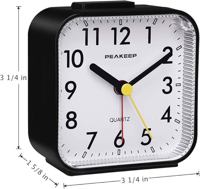 Peakeep Small Battery Operated Analog Travel Alarm Clock Silent No Ticking, Lighted on Demand and Snooze, Beep Sounds, Gentle Wake, Ascending Alarm, Easy Set (Black)