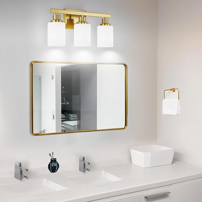 3-Light Gold Bathroom Light Fixtures, Modern Vanity Light with Milky White Glass Shade, Gold Wall Lamp Sconces for Mirror, Bedroom, Living Room, Hallway