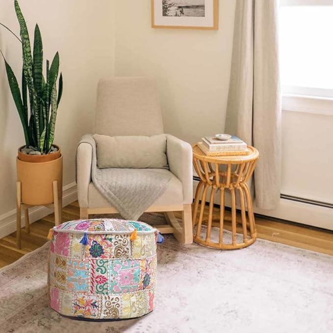 Aakriti Gallery Indian Pouf Footstool Ethnic Embroidered Pouf Cover - Cotton Round Pouffe Ottoman - Beige, 22x14