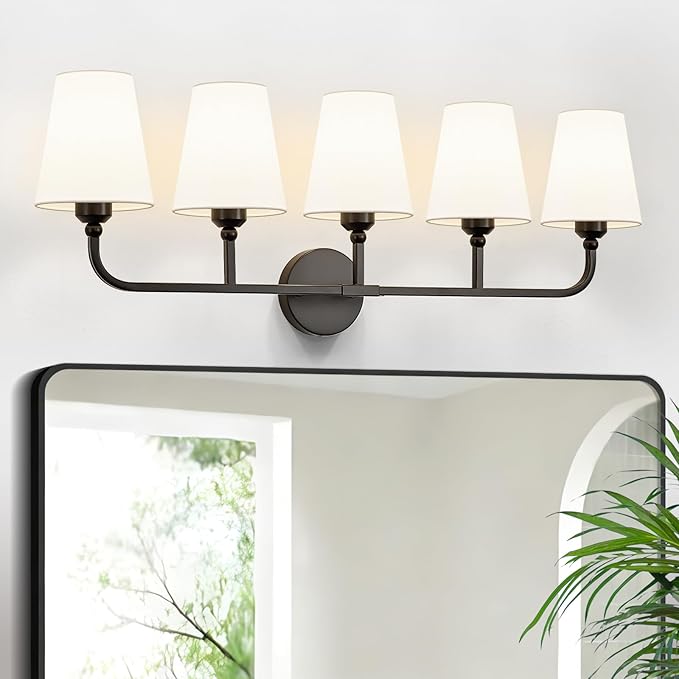 Kvhilw Bathroom Vanity Light, Matte Black Bathroom Light Fixtures, 5-Light Lighting Fixtures Over Miror, Modern Wall Sconce with Flared White Fabric Shade, E26 Socket(ETL Listed)
