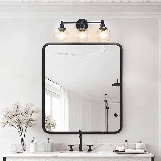 3-Light Bathroom Light Fixture Black Vanity Lights Over Mirror Modern Wall Sconce Farmhouse Vintage Bathroom Vanity Lighting with Glass Shade for Bedroom Hallway Cabinet Bathroom