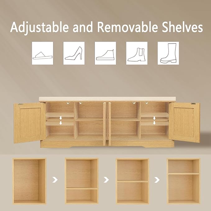 DINZI LVJ Shoe Bench, Entryway Storage Bench with Doors, Cushion, 2-Tier Shoe Rack with 8-Cubby, 47.2”L x 13.8”W Shoe Organizer Cabinet, Adjustable Shelf, Living Room, Bedroom, Natural