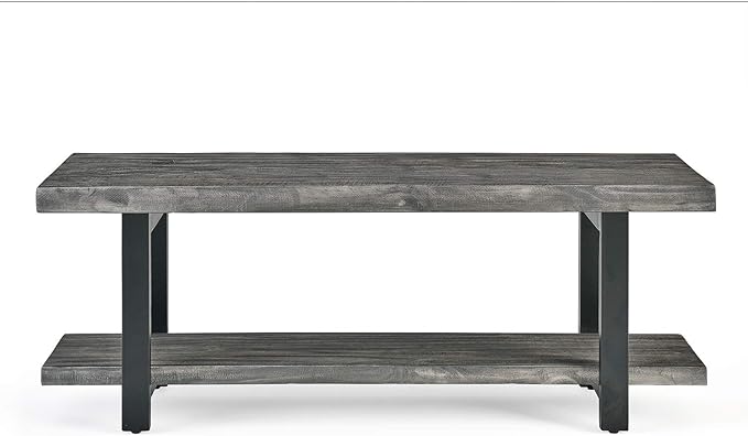Pomona 2-Tier Entryway Bench with Storage Shelf – Solid Pine Wood Seat with Black Metal Frame – Rustic Industrial Shoe Bench for Hallway, Dining, or Living Room by Alaterre Furniture (Slate Gray)