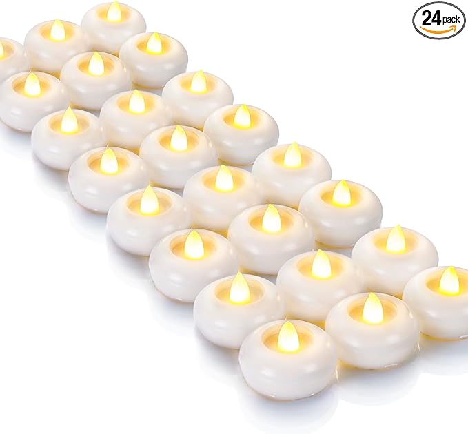 Homemory 24Pack 2” Flameless Led Floating Candles, 200 Hour Plastic Battery Operated Flickering Waterproof Tealights for Cylinder Vases, Centerpieces at Wedding, Party, Pool, Holiday (White Base)